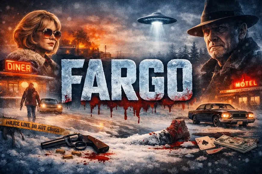 صورة أفقية من مسلسل Fargo تُظهر مشاهد من عالم الجريمة والثلج مع كتابة اسم المسلسل بالإنجليزية في وسط الصورة بخط معدني متشقق.