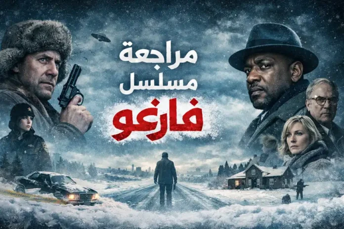 صورة غلاف لمقال مراجعة مسلسل فارغو، تُظهر شخصيات رئيسية وسط مشهد ثلجي قاتم مع كتابة العنوان بالعربية في الأعلى.