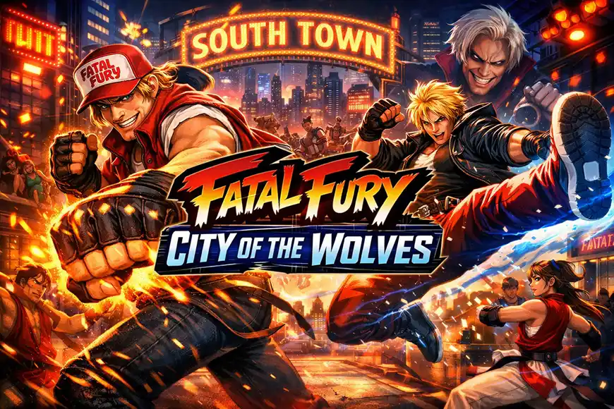 مشهد قتالي حماسي من لعبة Fatal Fury: City of the Wolves يظهر فيه المقاتلون في مواجهة قوية داخل مدينة South Town.