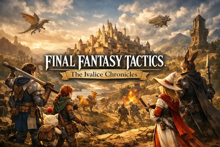 مشهد خيالي من لعبة Final Fantasy Tactics: The Ivalice Chronicles يظهر فيه المغامرون أمام قلعة ضخمة في عالم إيفاليس.