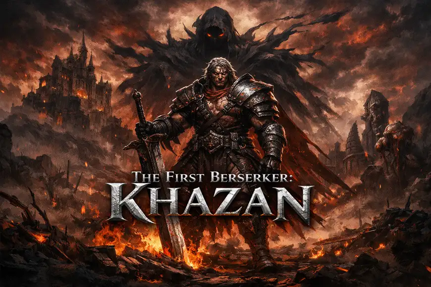 "صورة من لعبة The First Berserker: Khazan تُظهر محاربًا مدرعًا يقف في ساحة معركة نارية بينما يلوح خلفه كيان مظلم ذو عيون حمراء متوهجة."