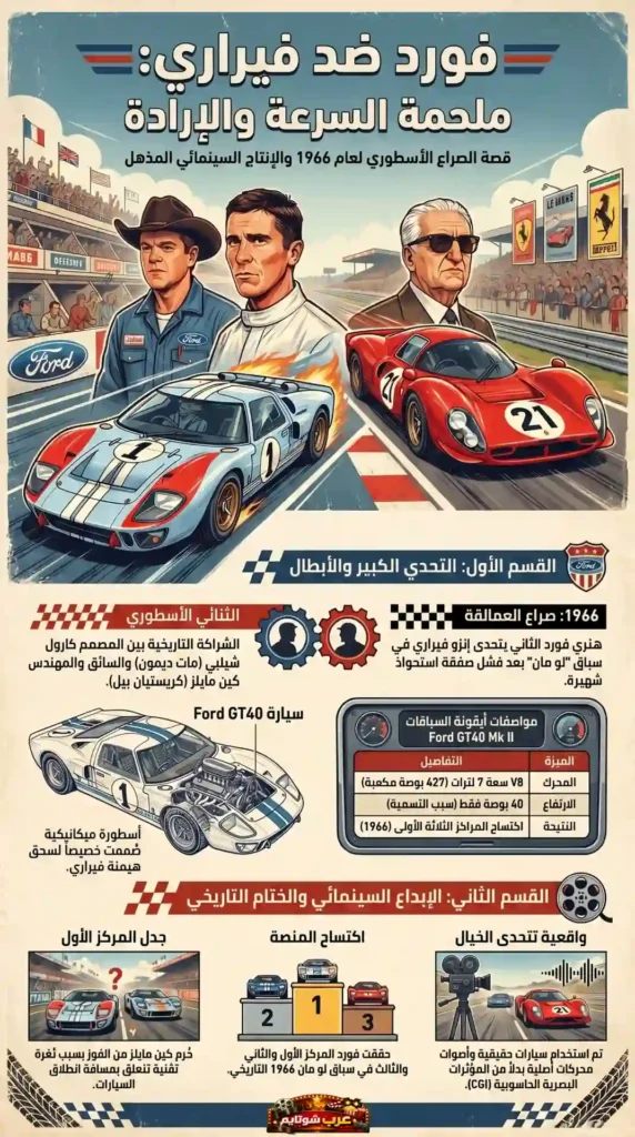 "إنفوغرافيك يوضح قصة الصراع بين فورد وفيراري عام 1966 مع عرض الشخصيات الرئيسية وسيارات GT40 وFerrari 330 P3 في سباق لومانز."
