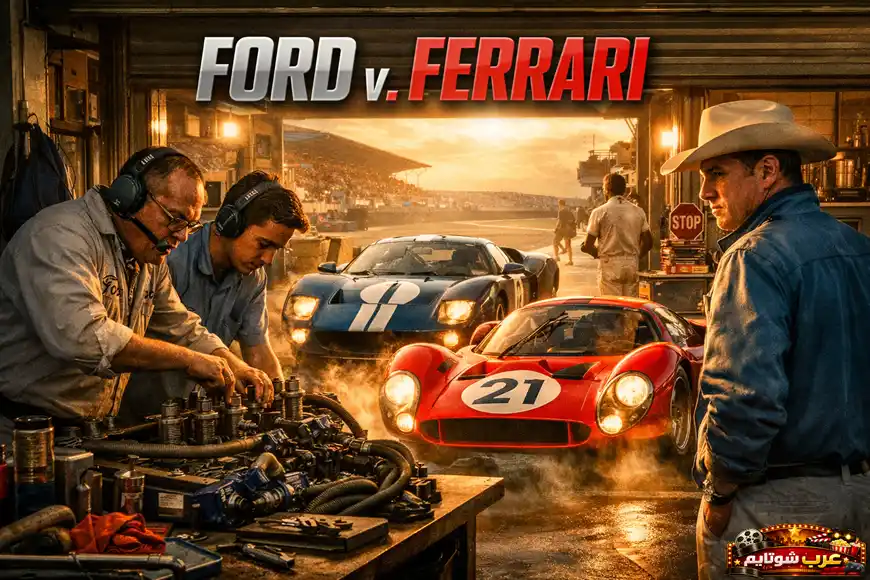 "الملصق الرسمي لفيلم فورد ضد فيراري، ويظهر مشهداً من ورشة العمل مع سيارات السباق GT40 وفيراري في أجواء تنافسية على حلبة لومانز."