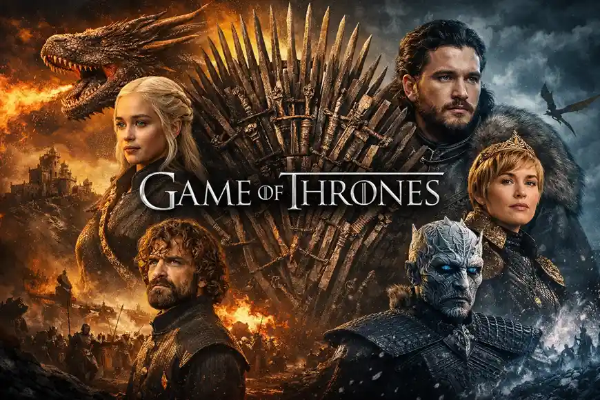 ملصق لمسلسل Game of Thrones يظهر شخصيات رئيسية مثل دنيرس تارجارين، جون سنو، تيريون لانيستر، وسيرسي لانيستر حول العرش الحديدي، مع خلفية تجمع بين النار والجليد وعنوان GAME OF THRONES في وسط الصورة.