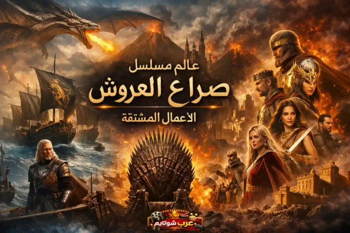 صورة ملحمية تُظهر عالم مسلسل صراع العروش مع العرش الحديدي والتنانين والمعارك، تمثل الأعمال المشتقة والمشاريع الجديدة في عالم وستروس.