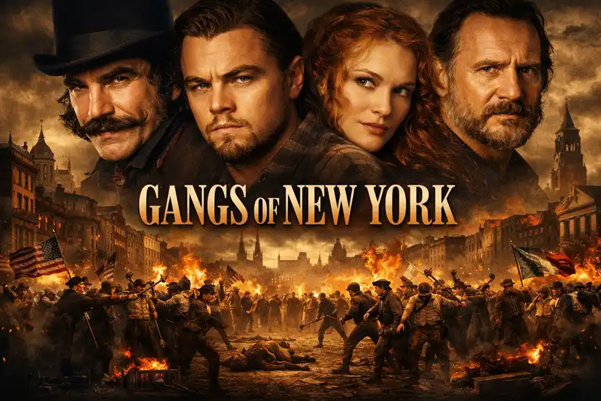 صورة من فيلم Gangs of New York تُظهر الشخصيات الرئيسية ومعركة شوارع تاريخية في نيويورك القرن التاسع عشر.