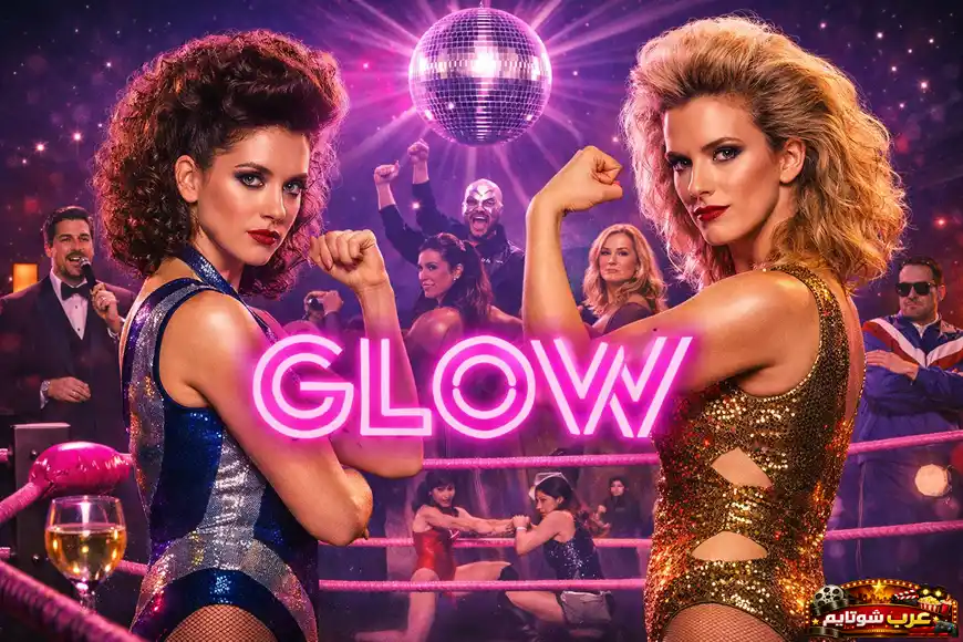 بوستر لمسلسل GLOW یظهر المصارعات داخل الحلبة بأجواء نابضة من الثمانینیات مع شعار GLOW بالنیون الوردي.