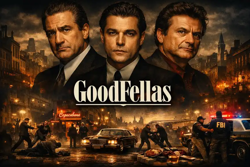 صورة من فيلم Goodfellas تُظهر الشخصيات الرئيسية في أجواء جريمة وتوتر مع خلفية لشارع ليلي.