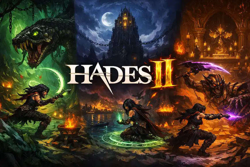 مشهد فني من لعبة Hades 2 يُظهر ميلينوي في معارك متنوعة داخل عوالم أسطورية مختلفة.