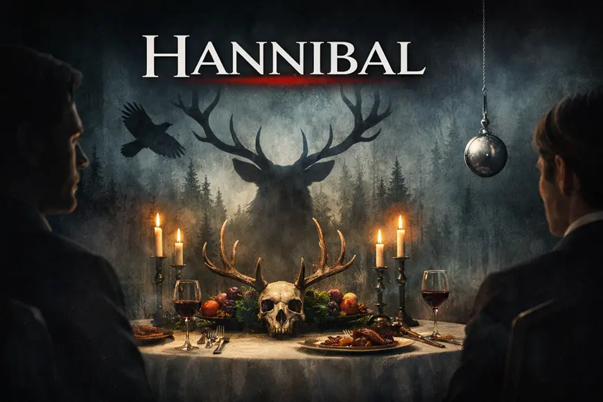 صورة من مسلسل Hannibal تُظهر أجواء درامية نفسية مع طابع غامض وفني.