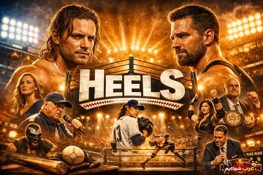 بوستر لمسلسل Heels يُظهر شقيقين من عالم المصارعة داخل حلبة مضاءة، مع عنوان المسلسل في المنتصف بأسلوب مستوحى من تصميم الحلبة.