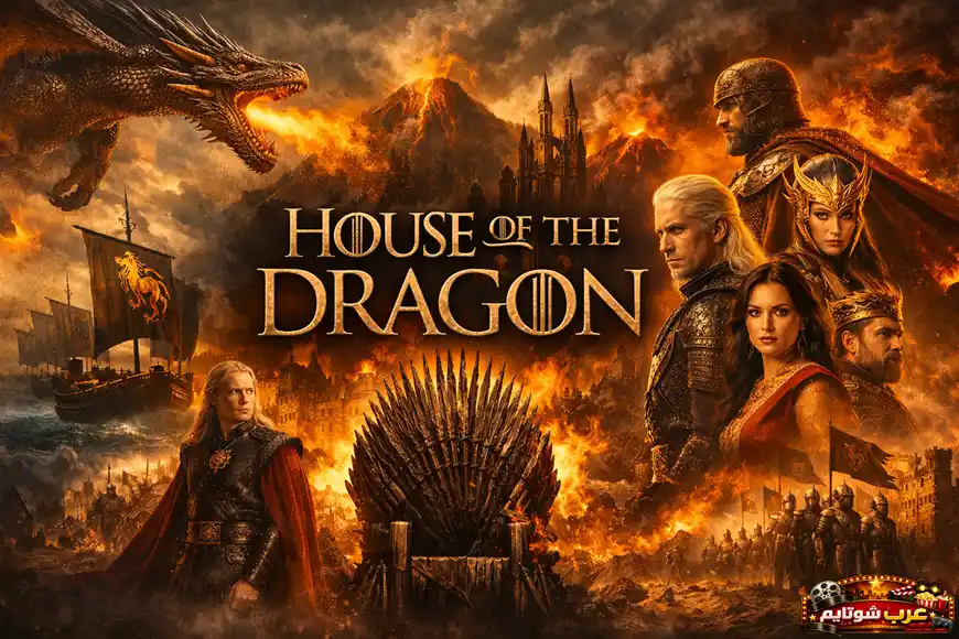 بوستر ملحمي لمسلسل آل التنين — House of the Dragon يظهر العرش الحديدي والتنين وشخصيات آل تارغارين في أجواء نارية درامية.
