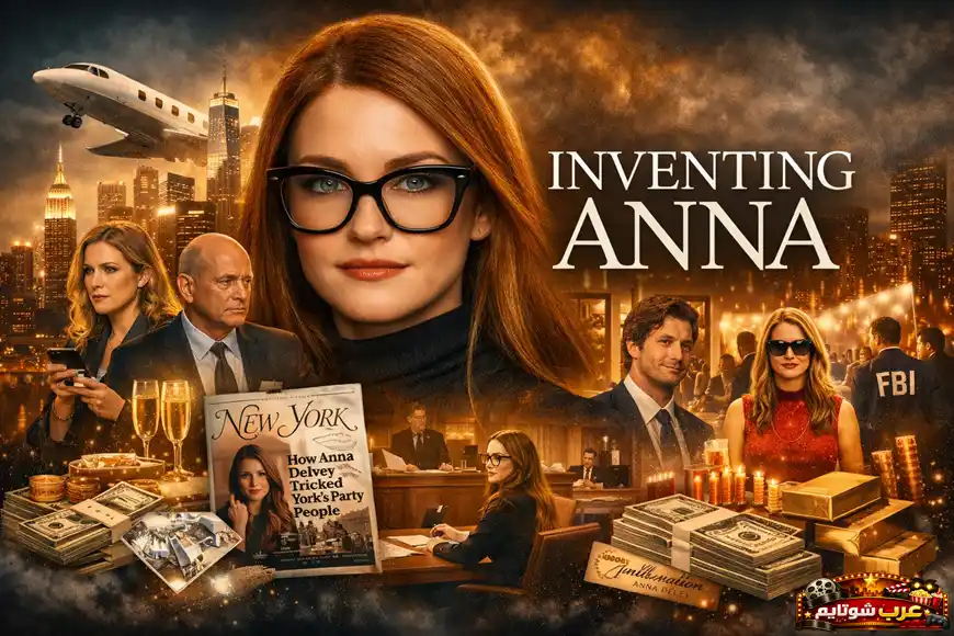 ملصق ترويجي لمسلسل «Inventing Anna» يُظهر البطلة آنا ديلفي وسط مشاهد من نيويورك وحياة الثراء والخداع.