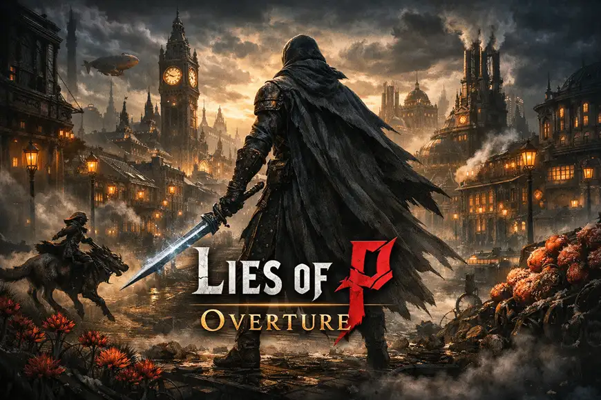 "صورة من لعبة Lies of P: Overture تُظهر شخصية مقنّعة تحمل سيفًا متوهجًا وتتجه نحو مدينة صناعية مظلمة ذات طابع غوثي، مع شعار اللعبة في المنتصف."