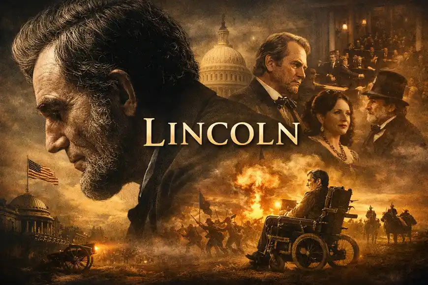 ملصق سينمائي لفيلم Lincoln يظهر أبراهام لينكولن بملامح جادة، مع خلفية تضم مبنى الكابيتول ومشاهد من الحرب الأهلية الأمريكية.