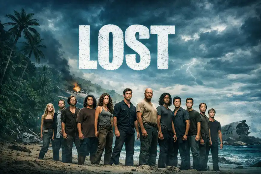 ملصق لمسلسل Lost يظهر مجموعة من الناجين واقفين على شاطئ جزيرة غامضة، مع حطام الطائرة في الخلفية وسماء عاصفة تتوسطها كلمة LOST بحروف بيضاء كبيرة.