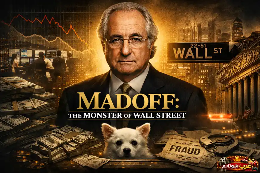 ملصق ترويجي لمسلسل «Madoff: The Monster of Wall Street» يُظهر برني مادوف وسط أجواء مالية تعكس الاحتيال والفساد في وول ستريت.