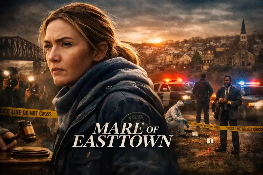 مشهد من مسلسل Mare of Easttown يُبرز الأجواء الجنائية والدرامية في بلدة إيست تاون الصغيرة.