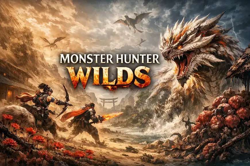"صورة من لعبة Monster Hunter Wilds تُظهر صائدَين يواجهان وحشًا ضخمًا أبيض اللون وسط بيئة جبلية وعاصفة، مع شعار اللعبة في المنتصف."