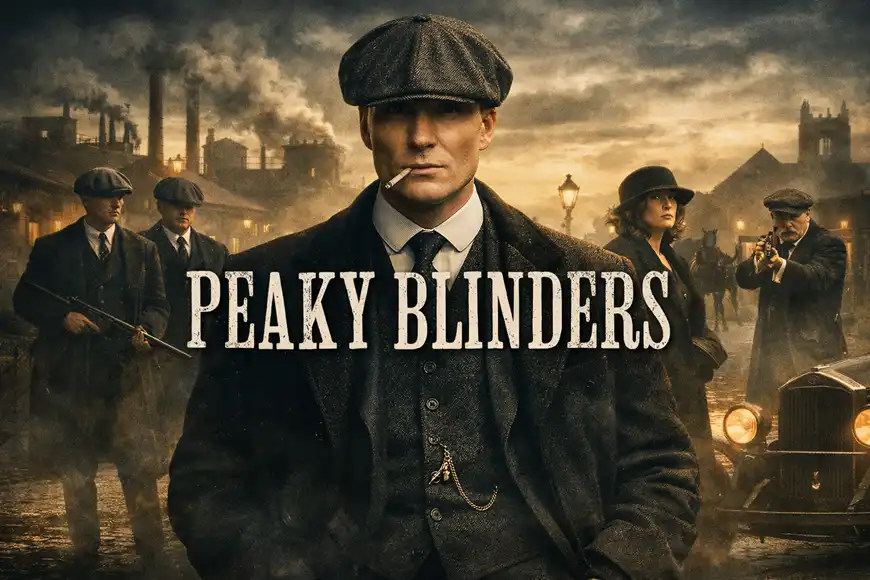 ملصق لمسلسل Peaky Blinders يظهر توماس شيلبي واقفًا في المقدمة بملابس عشرينيات القرن الماضي، محاطًا بأفراد العصابة في خلفية صناعية مليئة بالدخان، مع عنوان PEAKY BLINDERS في وسط الصورة بخط كلاسيكي بارز.