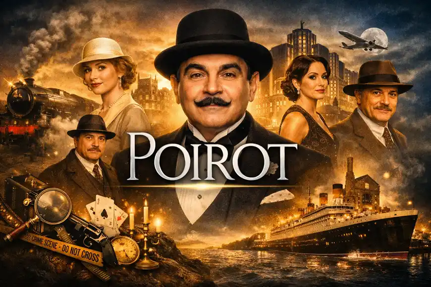ملصق أفقي لمسلسل «Poirot» يظهر المحقق هيركيول بوارو بقبعته وشاربه المميزين، محاطًا بشخصيات من قصص أغاثا كريستي، مع خلفية تضم قطارًا بخاريًا وسفينة ومشهدًا ليليًا يعكس أجواء الغموض والتحقيق.