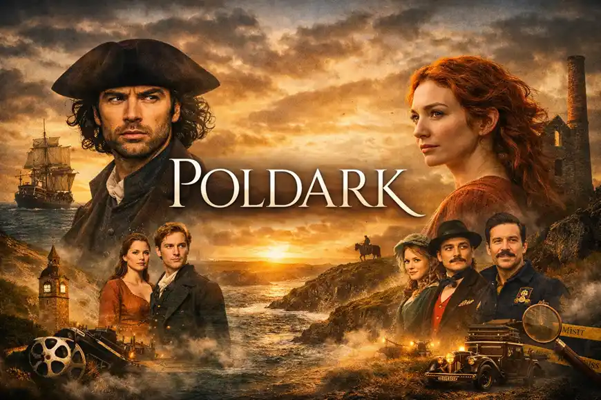 ملصق درامي أفقي لمسلسل «Poldark» يظهر البطل راس بولدارك بقبعته التاريخية على الساحل الكورنيولي، مع ديميلزا ذات الشعر الأحمر أمام غروب الشمس وخلفية بحرية تعكس أجواء القرن الثامن عشر.