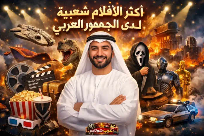 صورة لرجل عربي بملابس تقليدية يقف بثقة وسط مجموعة من رموز السينما العالمية، مع عنوان بارز يشير إلى أكثر الأفلام شعبية لدى الجمهور العربي.