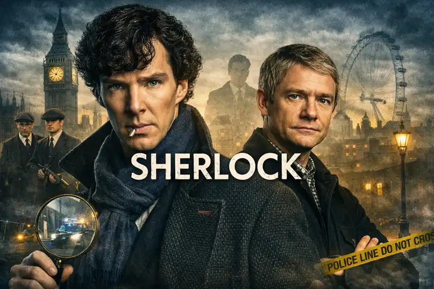 ملصق لمسلسل Sherlock يظهر شيرلوك هولمز وجون واتسون في مقدمة المشهد مع خلفية لمدينة لندن ومعالمها الشهيرة، إضافة إلى شريط الشرطة الأصفر وعنوان SHERLOCK بخط أبيض بارز في وسط الصورة.