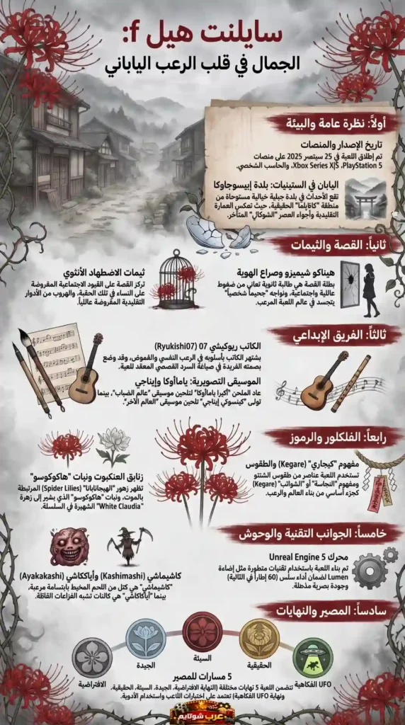 إنفوغرافيك شامل تفاصيل لعبة سايلنت هيل إف – Silent Hill f من حيث القصة، البيئة، الفريق الإبداعي والرموز اليابانية.