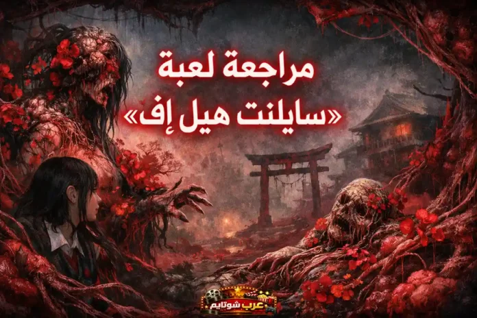 مراجعة لعبة سايلنت هيل إف – Silent Hill f في مشهد مرعب يضم شخصية بشرية ومخلوقًا متحللًا وسط ضباب وأزهار حمراء.