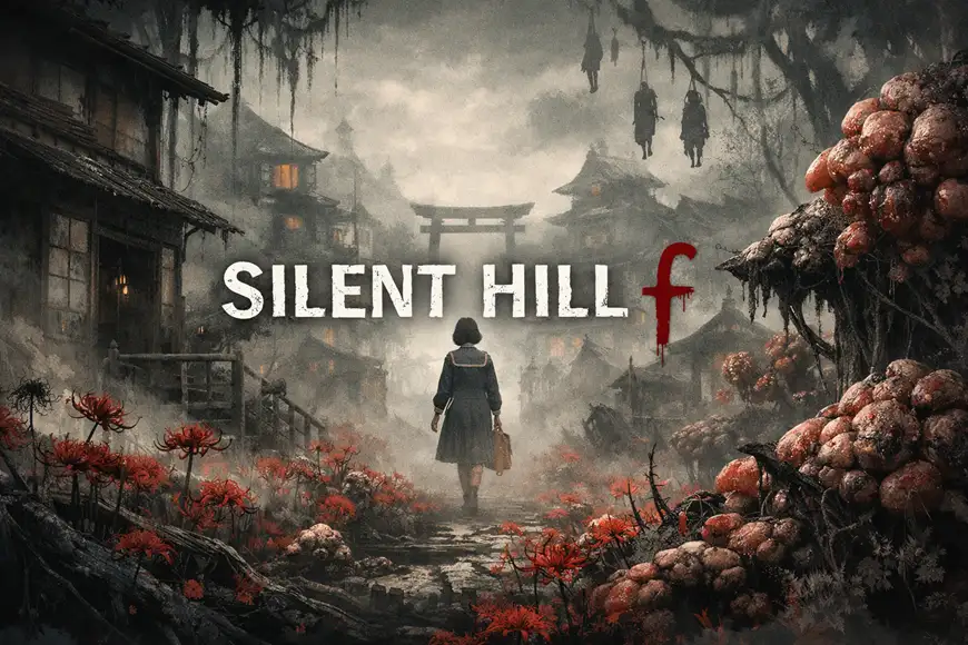"صورة من لعبة Silent Hill f تُظهر فتاة تسير في قرية يابانية ضبابية محاطة بزهور حمراء ونموات لحمية مخيفة، مع شعار SILENT HILL f في المنتصف."
