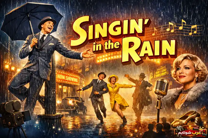 ملصق كلاسيكي مفعم بالألوان لفيلم «Singin’ in the Rain» يُظهر مشهد الغناء والرقص تحت المطر مع عنوان الفيلم بالإنجليزية في المنتصف.