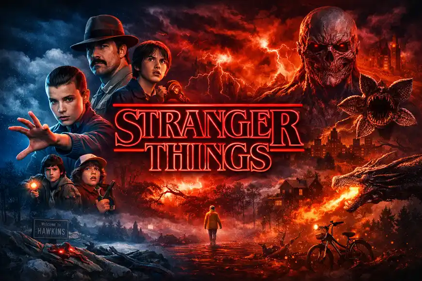 ملصق لمسلسل Stranger Things يظهر شخصيات رئيسية مثل إلفن ورفاقها في أجواء غامضة، مع مخلوقات من العالم الموازي وخلفية منقسمة بين الأزرق والأحمر، بينما يتوسط الصورة عنوان STRANGER THINGS باللون الأحمر المتوهّج.