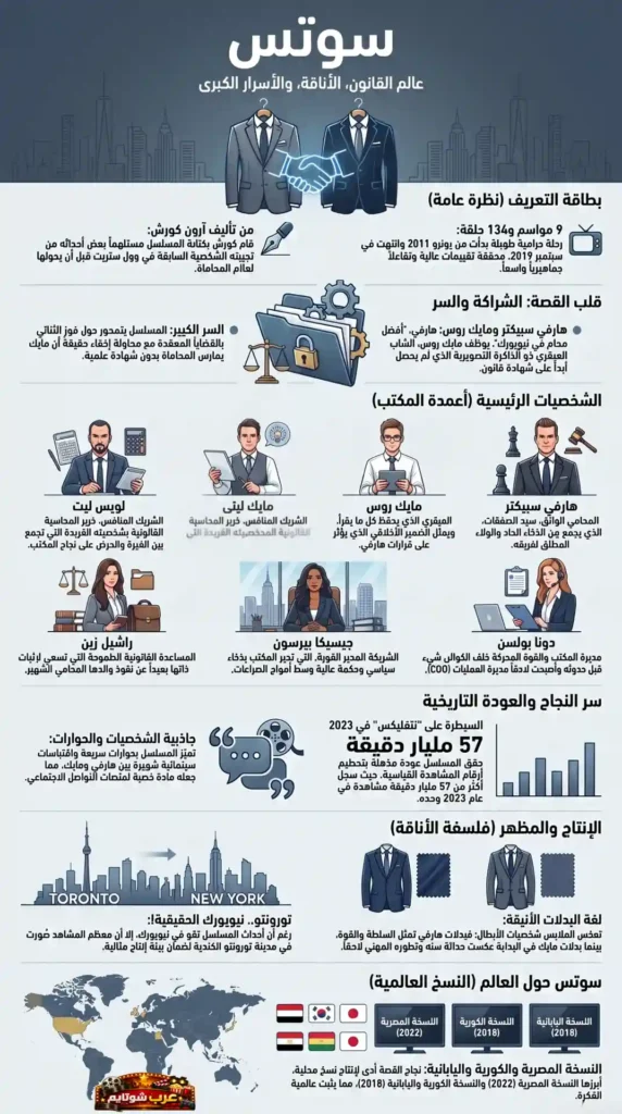 إنفوغرافيك عربي لمسلسل «سوتس» يوضح الشخصيات الرئيسية، الحقائق القانونية، ومعلومات الإنتاج العالمية للمسلسل.