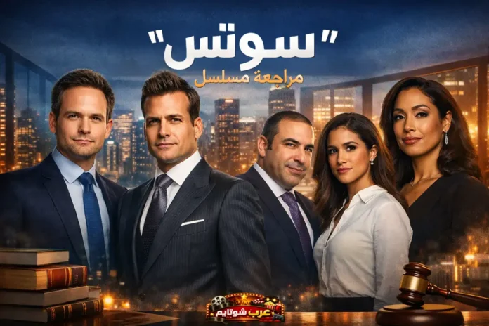ملصق ترويجي لمسلسل «سوتس» يظهر الشخصيات الرئيسية بملابس رسمية أمام أفق المدينة ليلاً، مع عنوان المقال «مراجعة مسلسل سوتس».