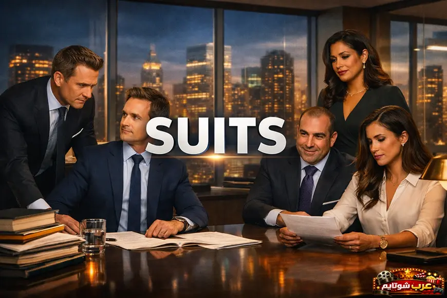 ملصق ترويجي لمسلسل «Suits» يظهر الشخصيات الرئيسية حول طاولة في مكتب أنيق مع خلفية لأفق المدينة.
