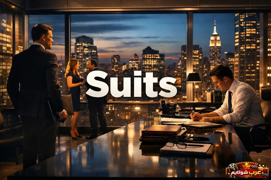 ملصق ترويجي لمسلسل «Suits» داخل مكتب أنيق مع إطلالة على أفق المدينة عند الغروب.