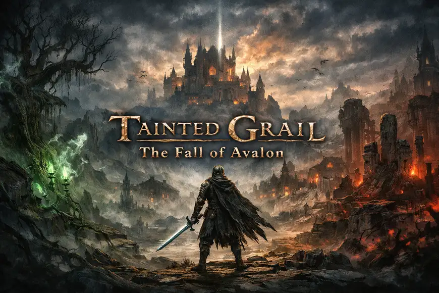 "صورة من لعبة Tainted Grail: The Fall of Avalon تُظهر فارسًا يقف أمام قلعة مظلمة وسط بيئة فانتازية كئيبة يغمرها الضباب والنيران."