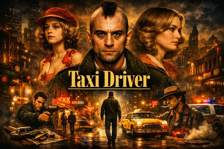 صورة من فيلم Taxi Driver تُظهر ترافيس بيكل في أجواء ليلية مضطربة مع خلفية حضرية مليئة بأضواء النيون.