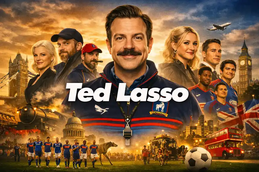 ملصق أفقي لمسلسل «Ted Lasso» يظهر المدرب تيد لاسو ببدلته الرياضية وشخصيات الفريق خلفه، مع خلفية تضم معالم لندن وملعب كرة قدم يعكس أجواء المسلسل الكوميدية‑الرياضية.