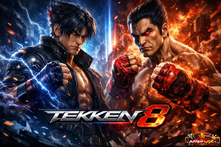 ملصق لعبة Tekken 8 يعرض مواجهة حماسية بين مقاتلين محاطين بتأثيرات البرق والنار في خلفية ديناميكية.