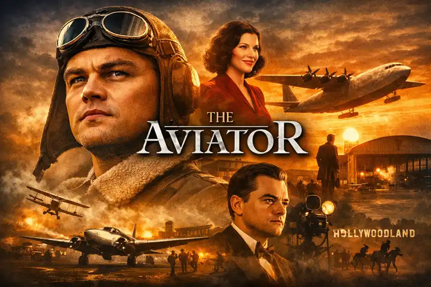 ملصق سينمائي لفيلم The Aviator يظهر هاورد هيوز بملابس الطيران القديمة، مع طائرات كلاسيكية وخلفية تحمل طابع هوليوود الذهبي.