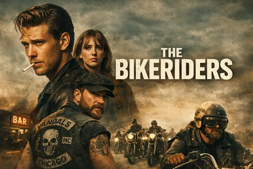صورة من فيلم The Bikeriders تُظهر مجموعة من راكبي الدراجات النارية وشخصيات رئيسية في أجواء درامية من الستينيات.