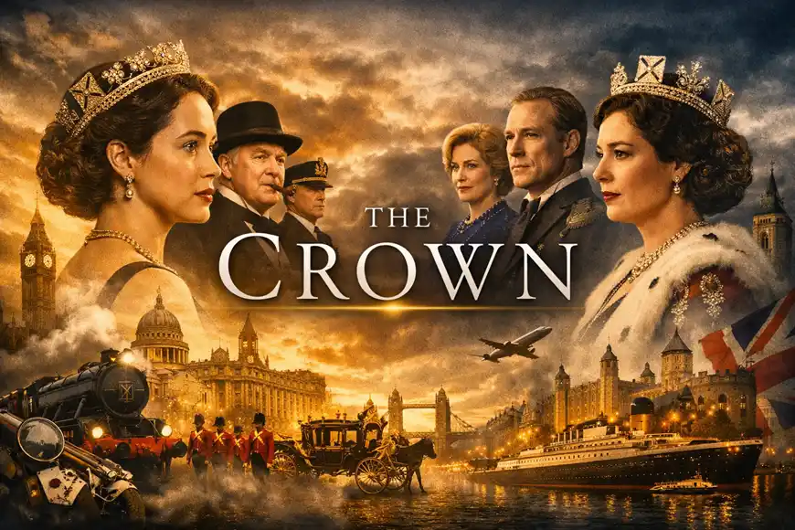 ملصق أفقي لمسلسل «The Crown» يظهر الملكة إليزابيث الثانية في مراحل مختلفة من حياتها، مع شخصيات سياسية وتاريخية بارزة وخلفية تضم معالم لندن الملكية.