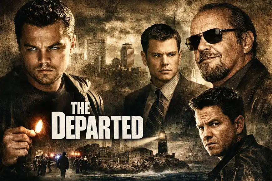 صورة من فيلم The Departed تُظهر الشخصيات الرئيسية في أجواء جريمة وتوتر مع خلفية لمدينة بوسطن.