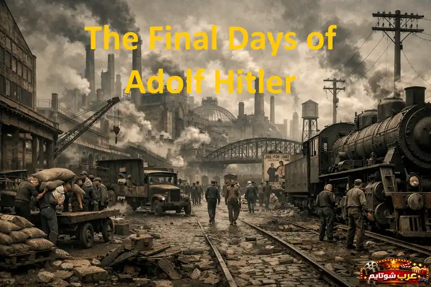 ملصق لفيلم The Final Days of Adolf Hitler يظهر مشهداً صناعياً من زمن الحرب مع قطار بخاري وعمال وسط الدخان الكثيف، في أجواء تعكس الأيام الأخيرة للرايخ الثالث.
