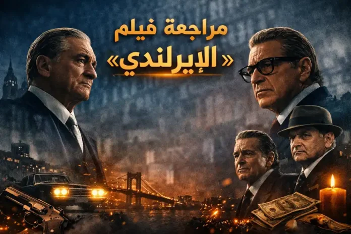 صورة بانر أفقية لمقال «مراجعة فيلم الإيرلندي» تضم وجوه روبرت دي نيرو وآل باتشينو وجو بيشي في أجواء سينمائية داكنة وذهبية، مع عنوان عربي في أعلى الصورة.