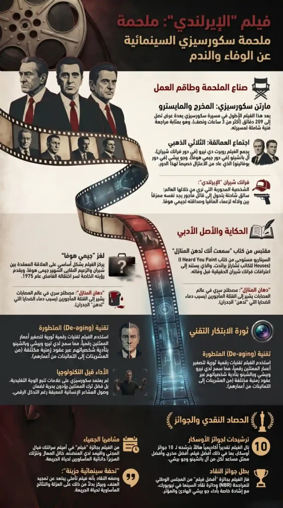 إنفوغرافيك عربي عن فيلم «الإيرلندي» من إخراج مارتن سكورسيزي، يعرض معلومات عن القصة، الشخصيات، التقنية الرقمية، والجوائز التي حصل عليها الفيلم.