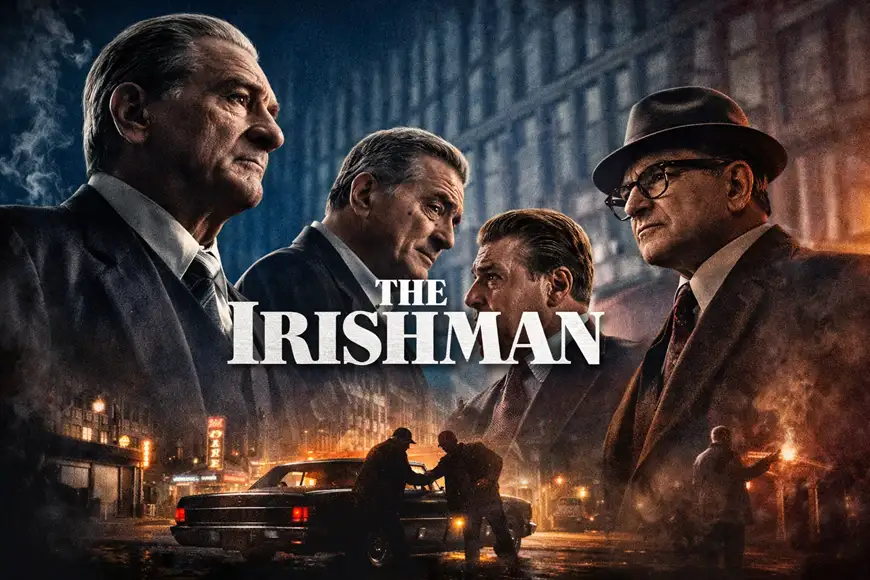ملصق سينمائي لفيلم «The Irishman» يظهر فيه روبرت دي نيرو وآل باتشينو وجو بيسكي بملابس رسمية أمام خلفية مدينة داكنة، مع عنوان الفيلم في المنتصف ومشهد جانبي لرجلين قرب سيارة في أجواء جريمة.