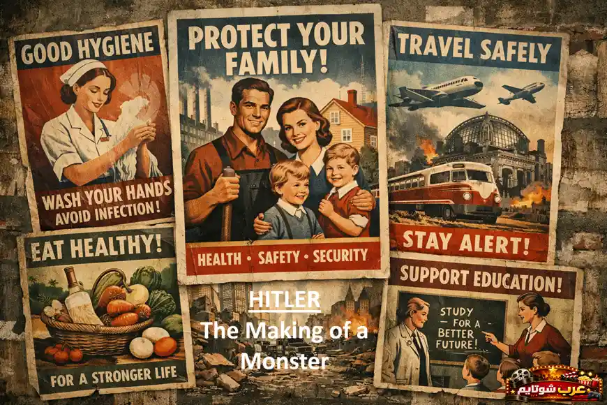 ملصق لفيلم Hitler: The Making of a Monster يعرض مجموعة من الملصقات الدعائية القديمة ذات الطابع التوعوي، مع عنوان الفيلم في المنتصف بأسلوب بارز.